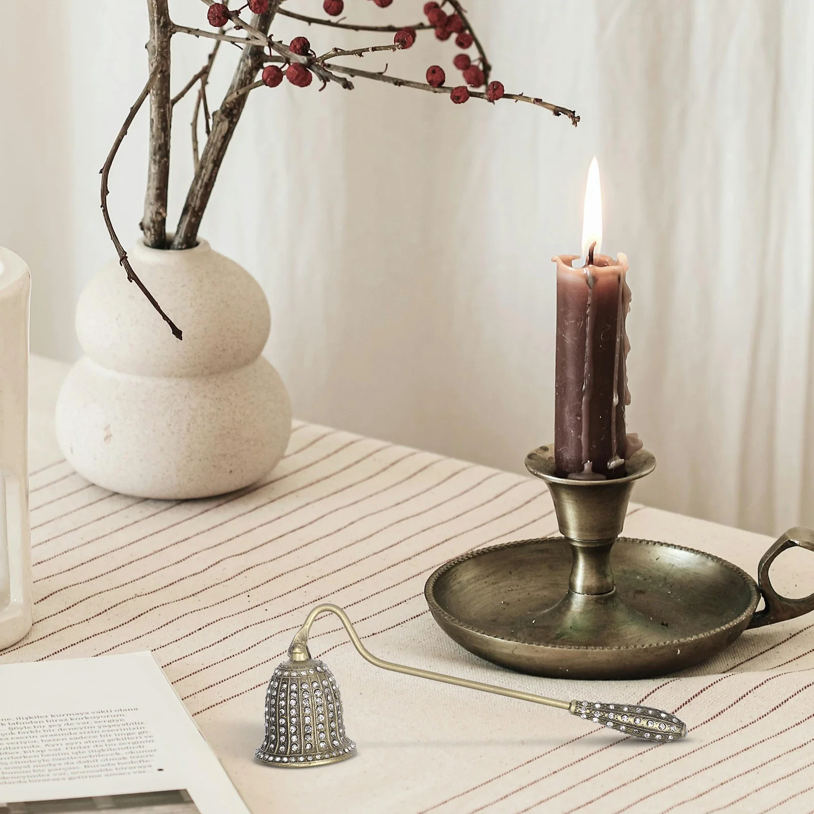 

Retro Snuffer with Rhinestones Vintage Metal Wick Extinguisher Long Handle Safety Accessory for Home Decor