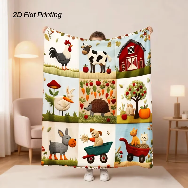 Pastoral Farm Animal Patchwork Cover Blanket Soft Warm Blanket Containing Chicken, Cow, Rabbit, Donkey and Other Farm Animals
