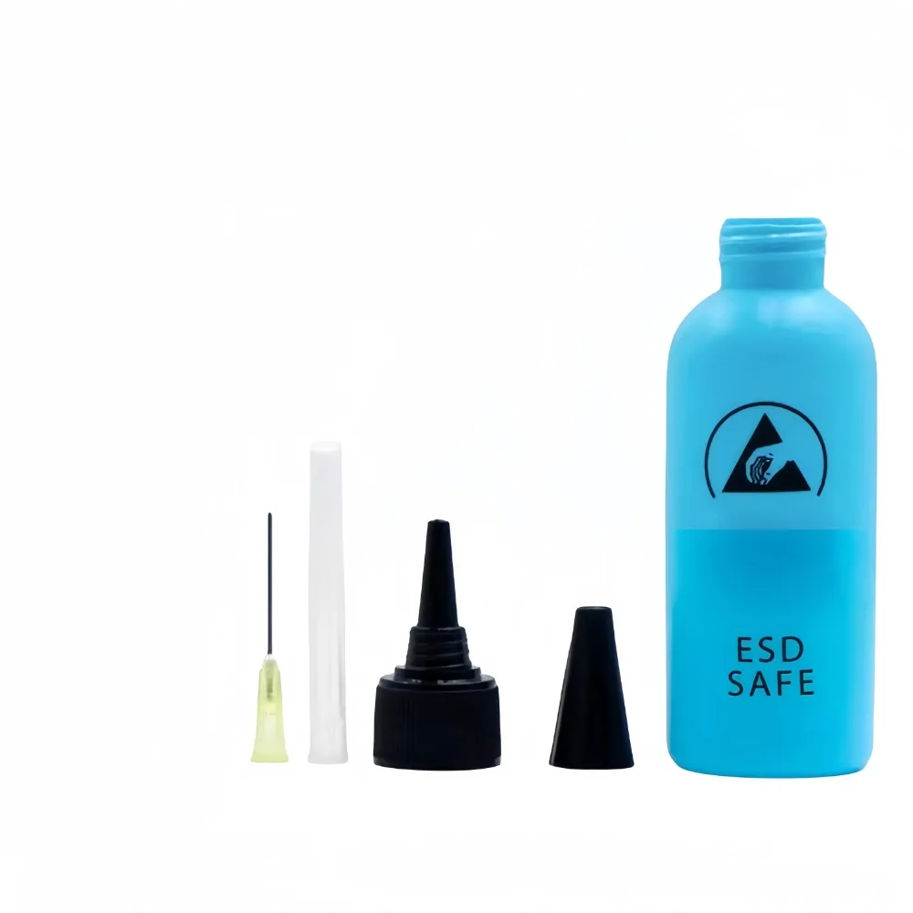 2 Stück 60 ml ESD-Spender, Kunststoff-Lösungsmittelflasche, hochwertige, auslaufsichere Nadelflasche zum Entfernen von Kleber, Handwerkzeug-Sets, Blau + Gelb