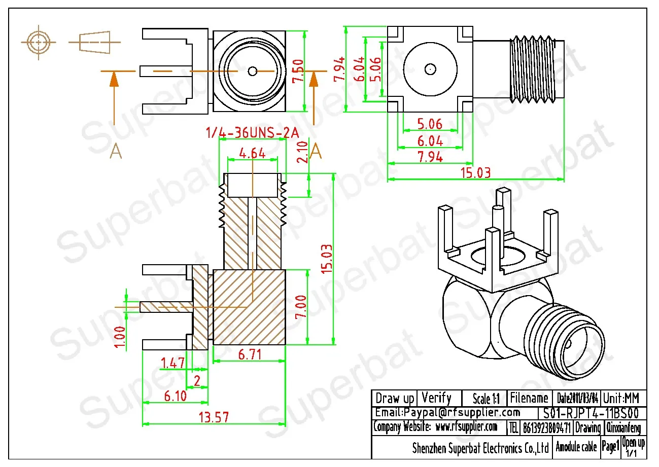 Superbat 10 ชิ้น SMA ผ่านรูหญิงมุมขวา PCB Mount รุ่นสั้น RF Coaxial Connector