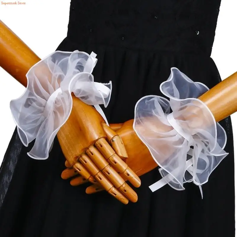 Q5WE White Elizabethan Ruffle False Collar Choker with Wrist Cuffs Set for Renaissances Fairs and Theatrical Performances