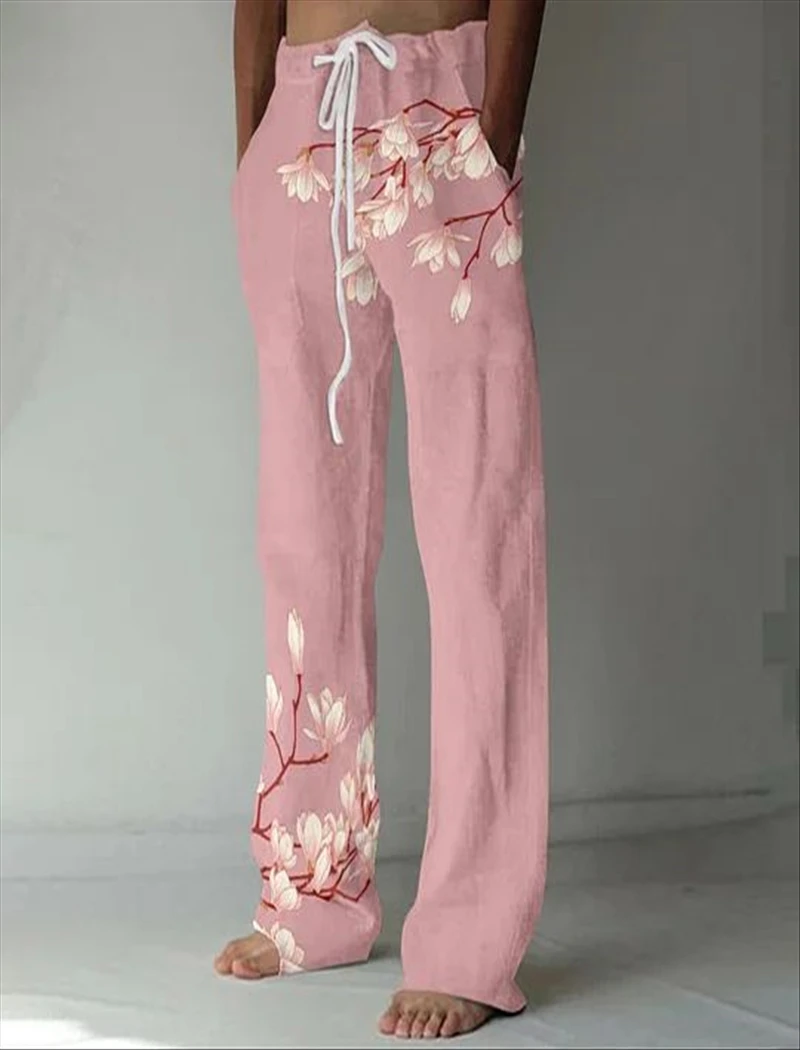 

Summer men's trousers 3D printed pink cherry blossom pattern slim casual trousers Comfortable casual men's straight trousers