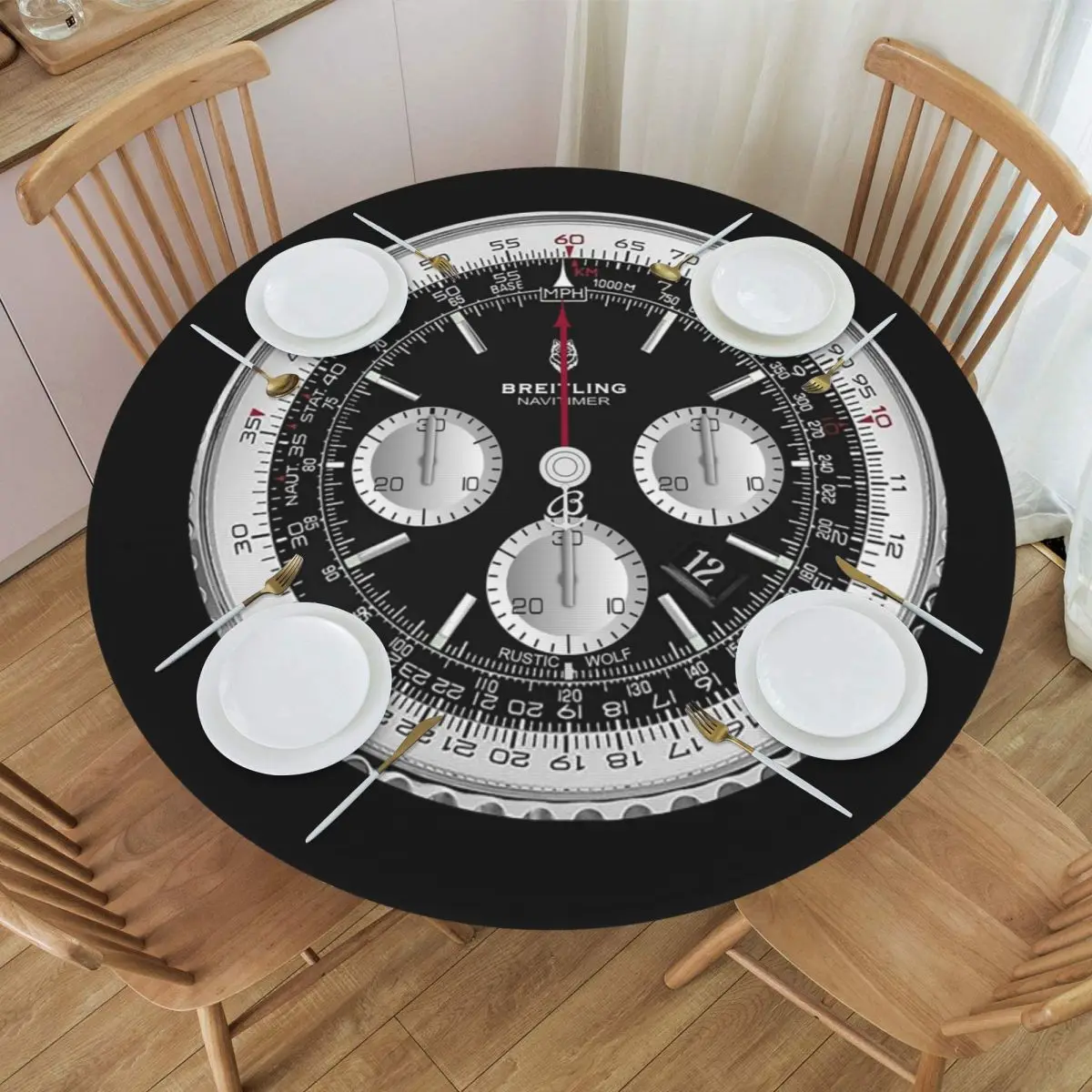 Black Luxury Watch Face Waterproof Round Tablecloth Oilproof Table Cloth for Kitchen Events Dining Table Cover
