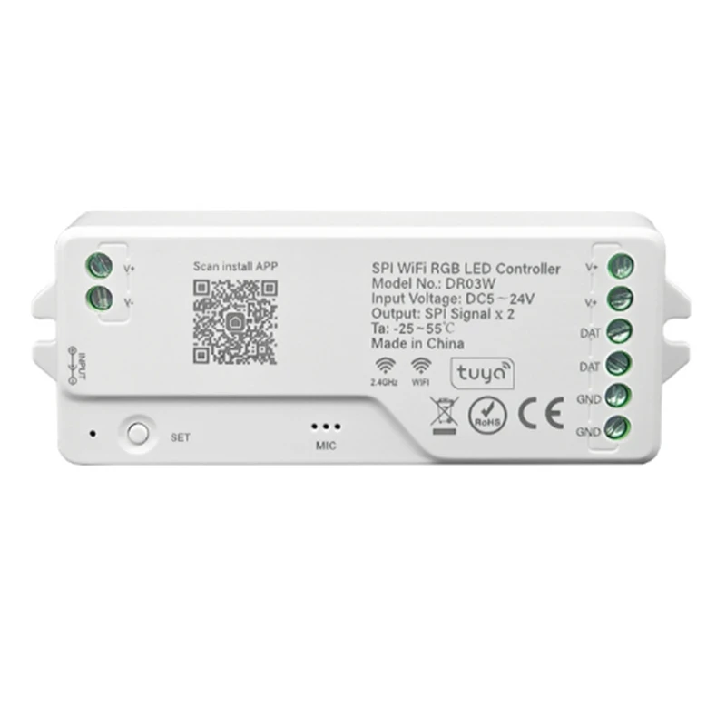 Tuya Wifi SPI RGB LED Controller For Alexa Google Assistance 720 Pixels For WS281 FCOB Addressable LED Strip Light