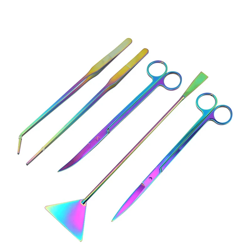 Fish Tank Landscaping Aquatic Plant Tool Set Stainless Steel Colored Aquatic Plant Scissors, Colored Titanium Five-piece Set
