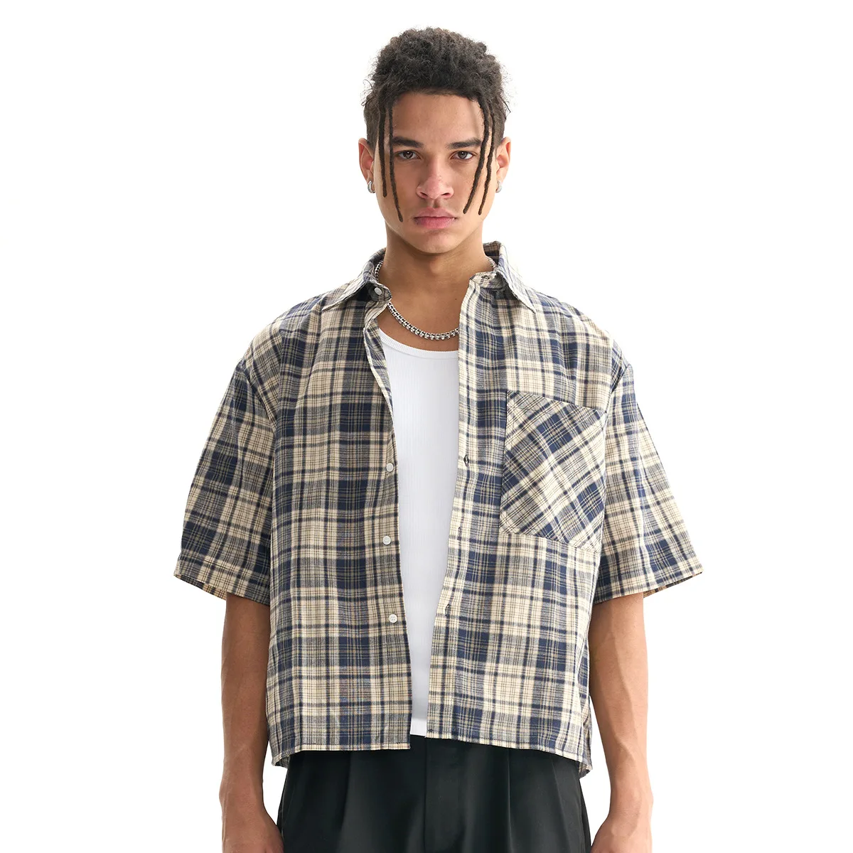 Mens 100% Cotton Short Sleeve Cropped Plaid Shirt for Summer Boxy Fit Button Up Custom Flannel Fashion Street Clothes Unisex