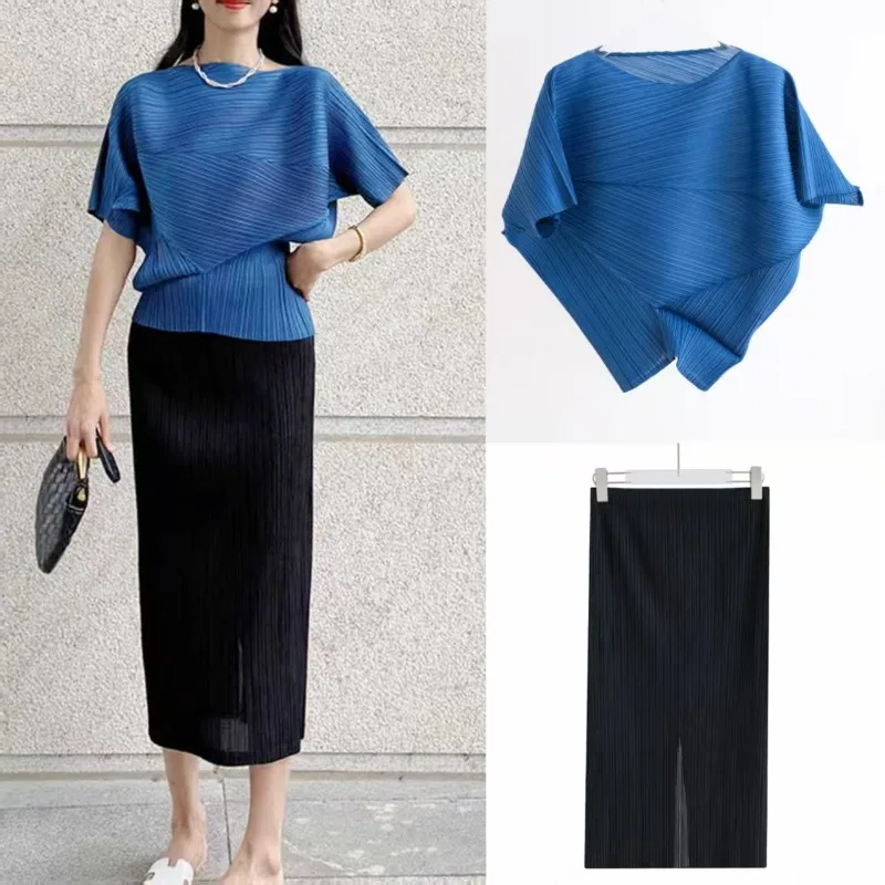 

Miyake Pleated Skirt Set 2025 Elegant Pleats Short-Sleeve Fold Top & Skirt Set Slim Professional Sophisticated 2-Piece Ensemble