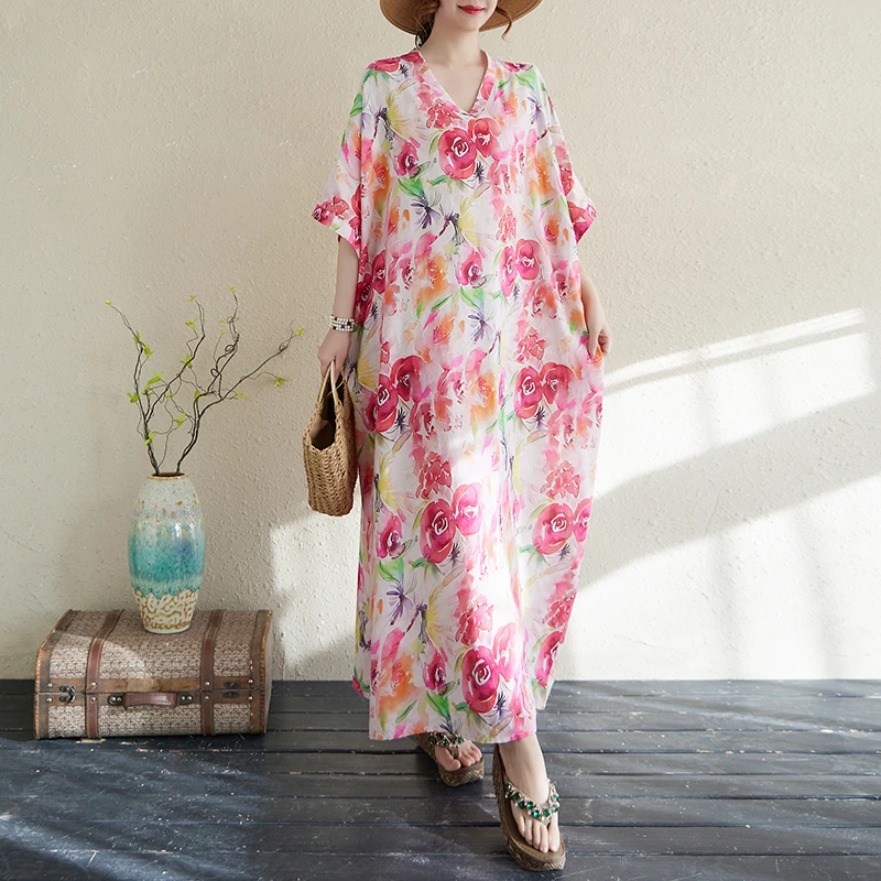 Robe d'été longue en coton et chanvre pour femmes, imprimée, Style vacances, col en v, manches courtes, rétro, grande taille, A395, 2025