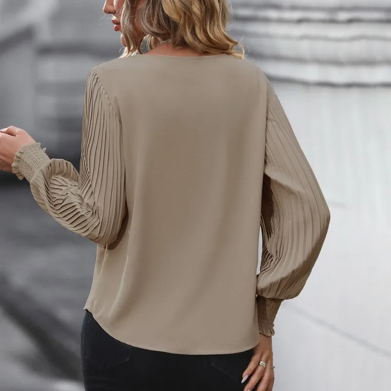 Solid Color Long Sleeved Elegant Women's Shirt Autumn Sleeves With Pleated V-neck Pullover Casual Women's Blouse 2024 New Item