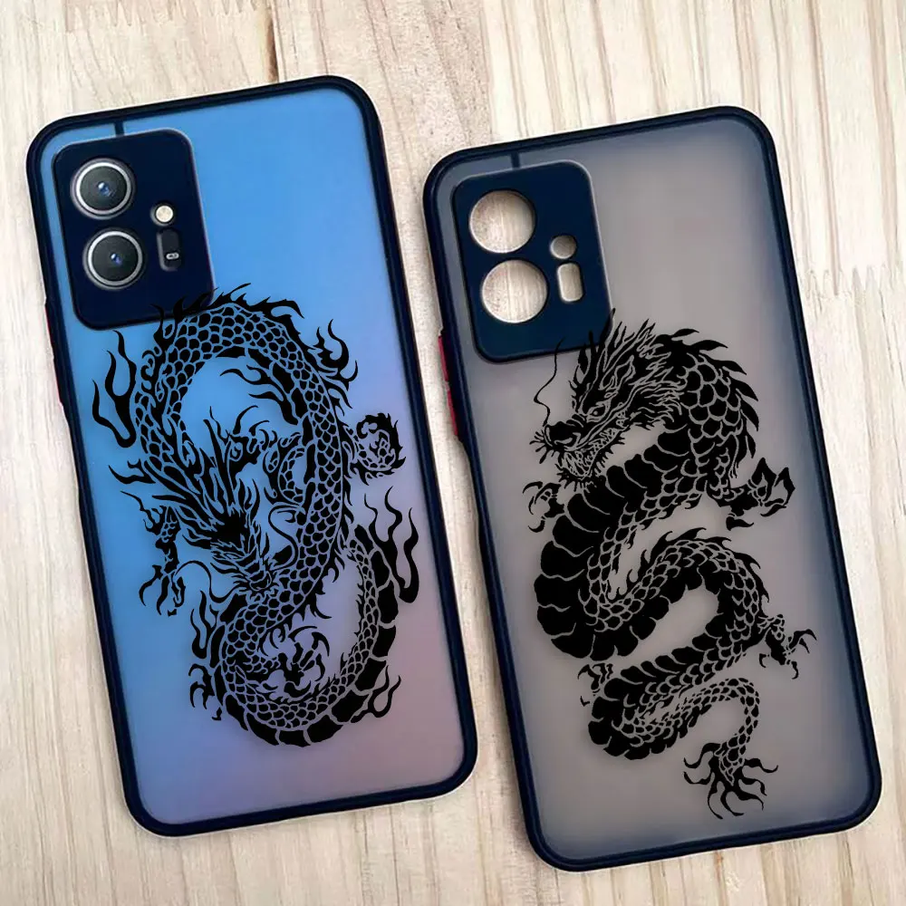 Matte Phone Case for VIVO Y93 Y91 Y78 Y77 Y76 Y75 Y72 Y53 Y52S Y50 Y35 Y22 Y21 Y20 Y15 Z1 4G 5G Case Line Drawing Chinese Dragon