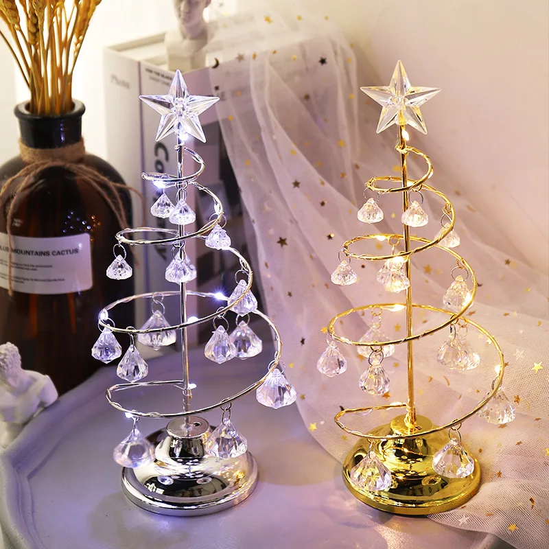 

Night Lights Christmas Decorations Gifts Electroplated Iron Tree LED Luminous Crystal Christmas Tree Crystal Table Decoration