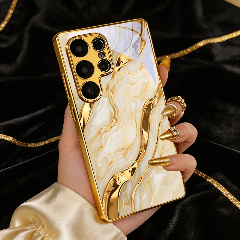 Gold Agate Texture Electroplated Golden Phone Case For Samsung Note 10 20 A06 A07 A12 A13 A14 A15 A16 A17 A22 23 25 Glass Cover