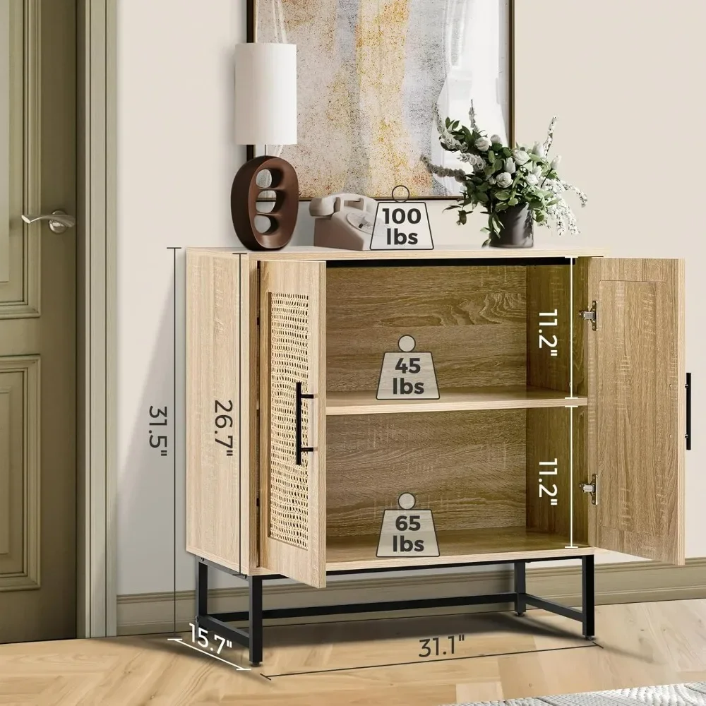 Storage Cabinet with Handmade Natural Rattan Doors, Rattan Cabinet Sideboard Buffet Cabinet, Accent Cabinet for Living Room