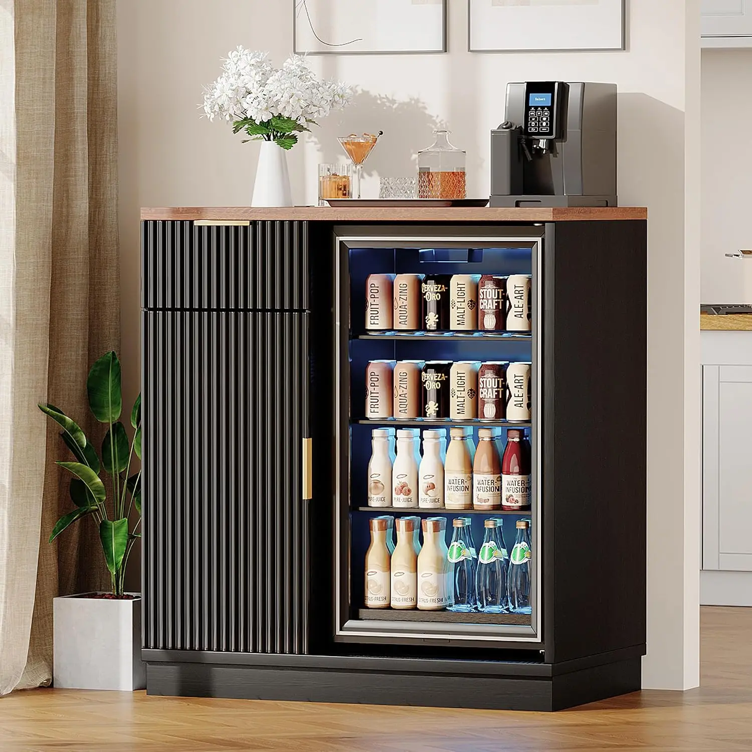 Coffee Bar Cabinet with Fridge Space & Power Outlet, Fluted Sideboard with Drawer & Shelf for Home Kitchen Dining, Customized