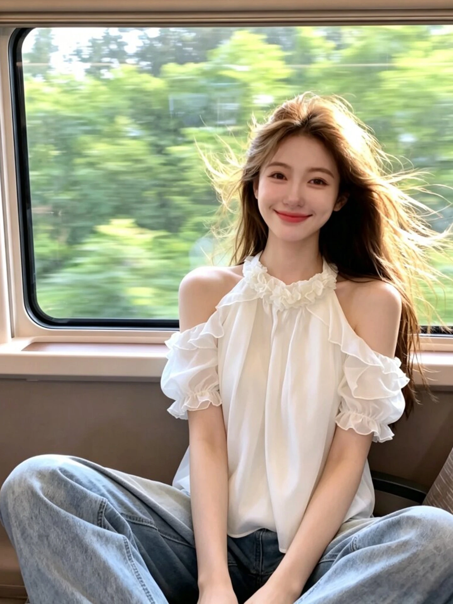 

Gentle Style Beautiful Hanging Neck Shoulder Bared Shirt Women Summer Sweet Fashion Youthful Top Korean Loose Fit round Neck