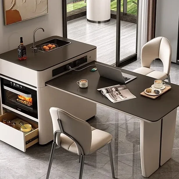 Retractable rock slab dining table Household multi-functional dining island table
