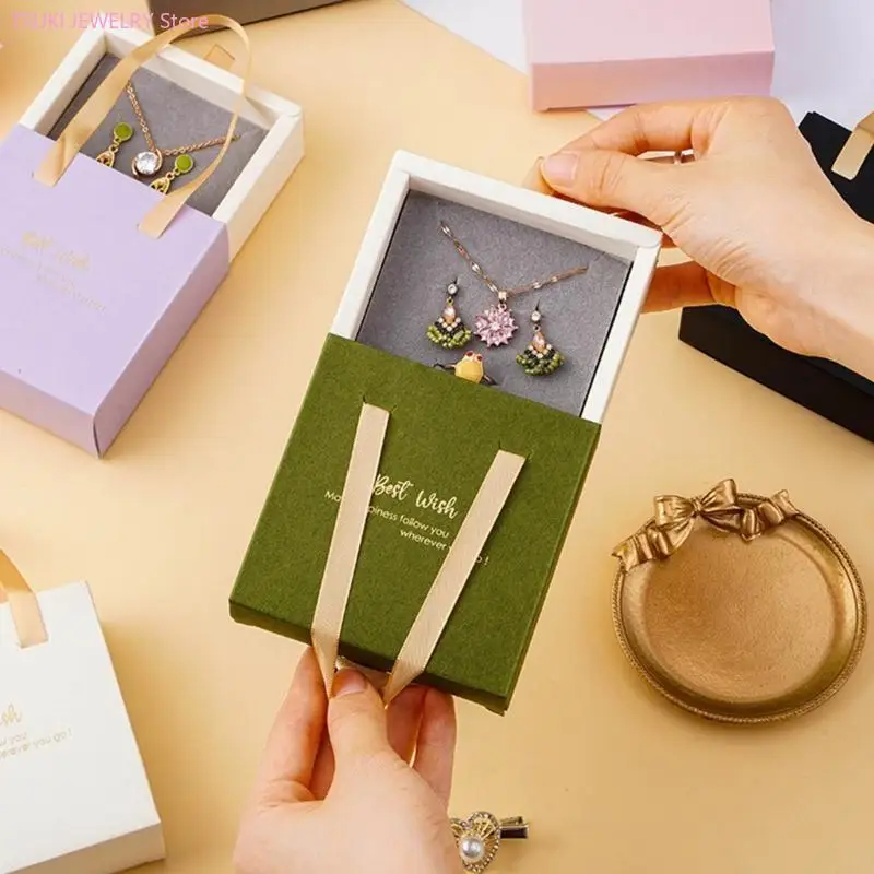 62KE Portable Drawer Sliding Box with Ribbon Handle Necklace Rings Jewelry
