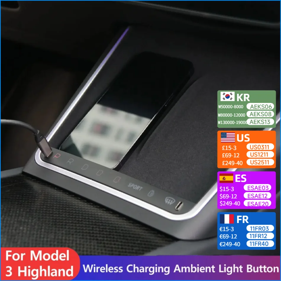 

Wireless Charging Base with Ambient Light for Tesla Model 3 Highland, Smart Button Center Console Controller Car Accessories