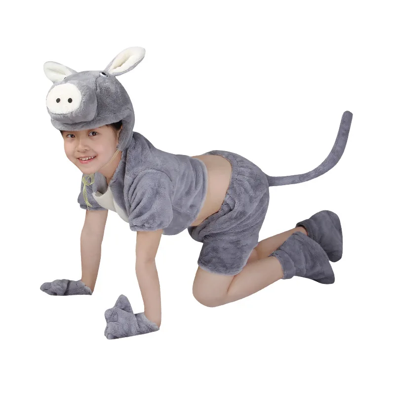 Halloween Outfit Kleuterschool Dier Cosplay Grijze Olifant Jumpsuit Kostuum Feest Met Hand En Voet Covers