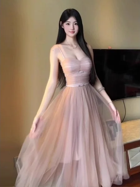 فستان نسائي أنيق بأسلوب حلو، تصميم راقٍ يشبه الباليه، جودة عالية، إحساس راقي للخريف، فستان شبكي طويل مع حزام لتنحيف الخصر