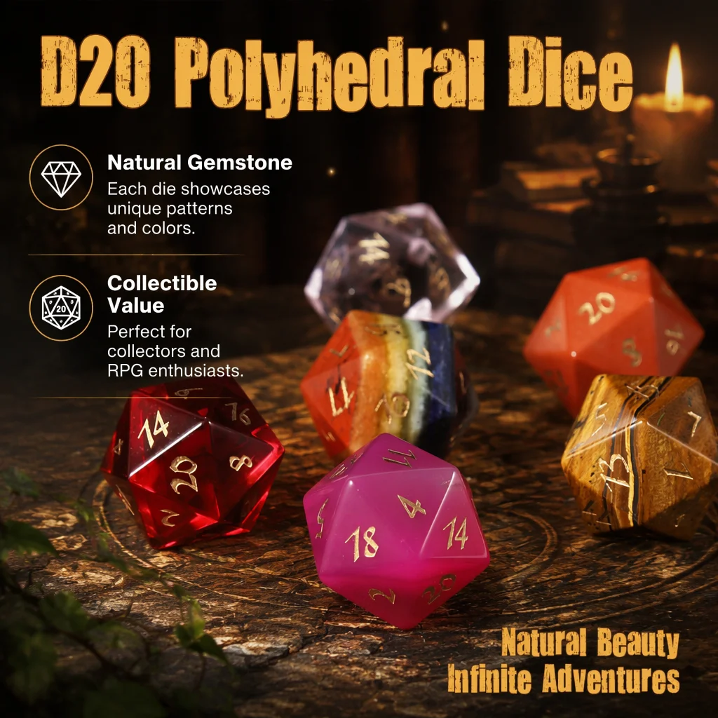 Multidimensional Cube D20 Sided Digit Number Dice Icosahedral Crystal Quartz Agate Gemstone Polyhedral Dice DND RPG Game Dice