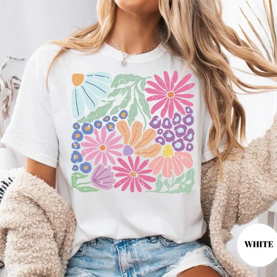 Women Crewneck Short Sleeve T Shirt Boho Floral Spring Garden Botanical Graphic Cute Casual Top Delicate Flower Sweet Summer Gift For Her Trendy Outfit Top