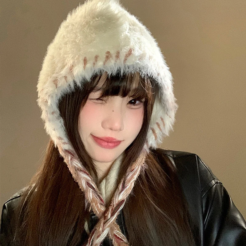 2025 New Plush Knitted Hat Women Winter Korean Versatile Warm  Woolen Hat Fluffy Fur Contrast Color Pigtail Ear Cap Helmet