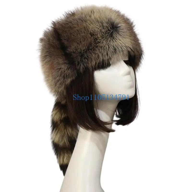 قبعة مسطحة من القطيفة على الموضة بطول 98 كم للكبار والتخييم والسفر وقبعة منغولية بذيل الراكون #3