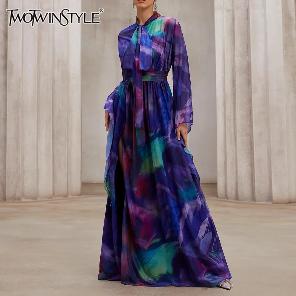 

TWOTWINSTYLE хит цвета печати сращенные платья на шнуровке для женщин с круглым вырезом и длинными рукавами в стиле пэчворк со складками элегантное женское платье