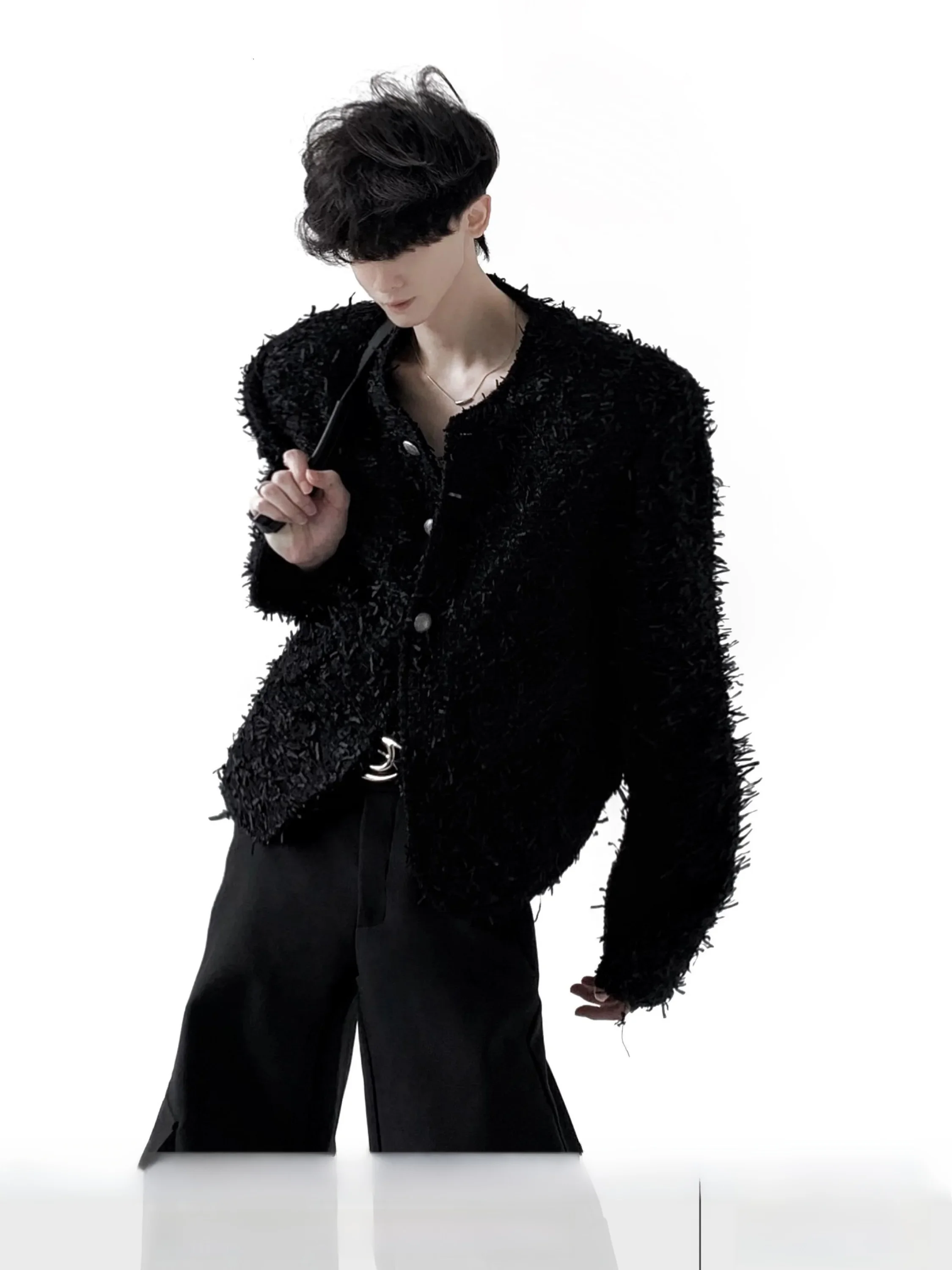 Autumn Mountain Wind Men's Thickened Short Shoulder Pad Jacket Tweed Style Quilted Coat Button Decorated Loose Fit Youth Fashion