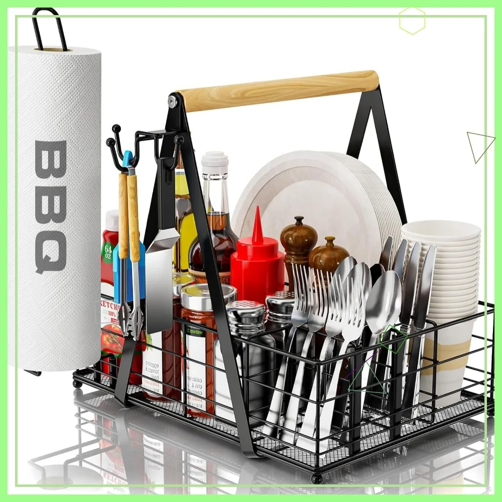 

Portable Grill Organizer with Paper Towel Holder, Multi-Compartment Caddy for Camping, BBQ, and RV Essentials