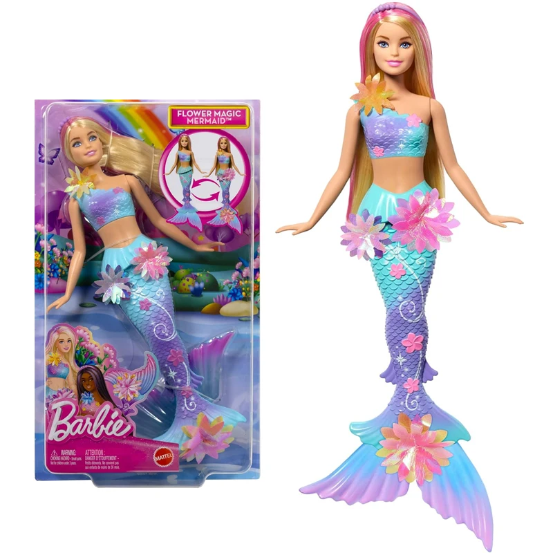 Original barbie sereia boneca cabelo longo surpresa magia florescendo caudas pérola bandana acessórios meninas brinquedos oceano princesa