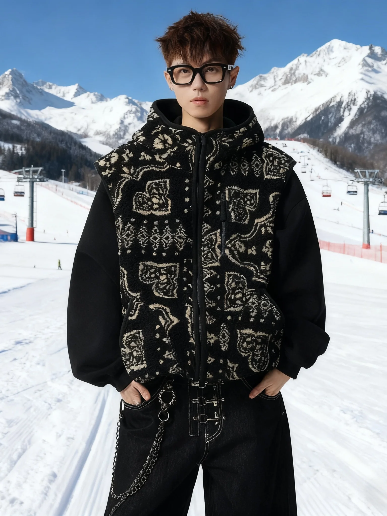 

Outdoor Winter Thiened Fce Lined Hooded Jaet Lamb Velvet Vest Men's Casual Faion Breathable Moisture ng Zipper ...