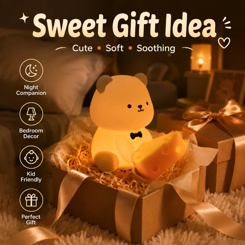 Cute Bear Silicone Night Light Rechargeable LED Touch Dimmable Bedside Lamp for Kids Bedroom Baby Room Sleep Gift Decor