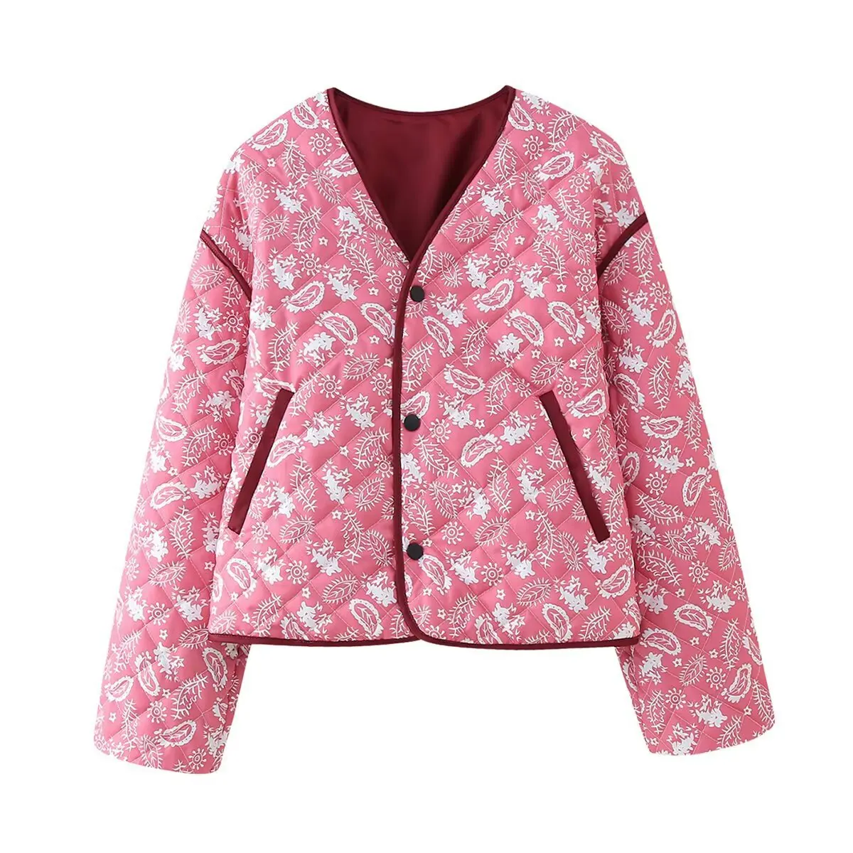 Autumn Women Pink Paisley Flower Print V Collar Quilted Reversible Coat Binding Quilting Long Sleeve Short Bomber Jacket Outwear