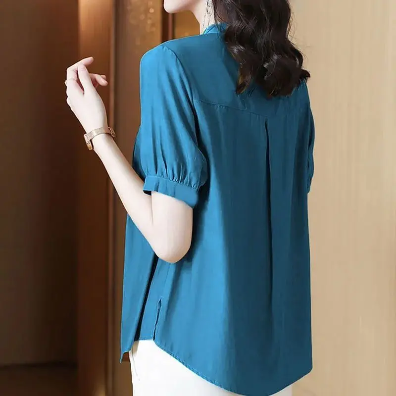 Women Clothing Vintage Loose Blouse Summer Short Sleeve O-neck Solid All-match Office Shirt Tops Casual Fashion Women Clothing