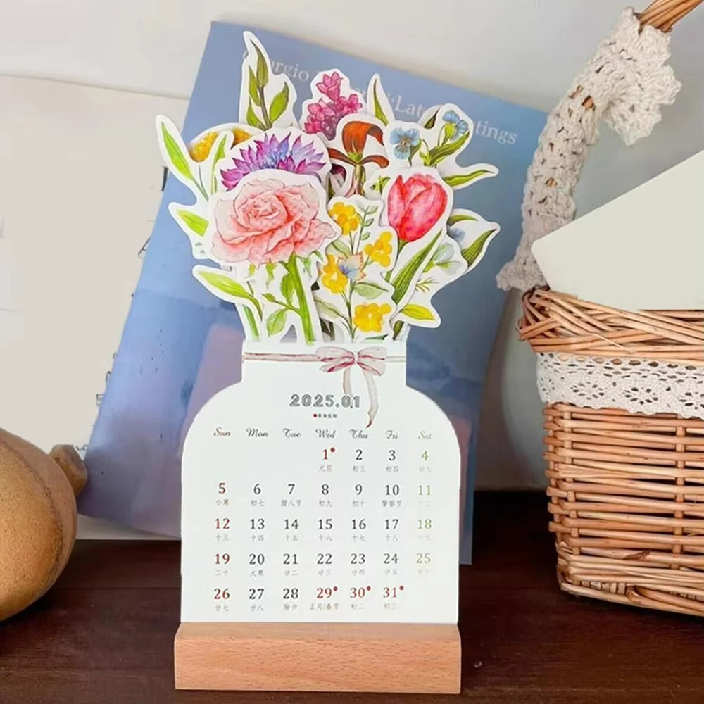 2025 Bloomy Flower Desk Calendar Creative Wooden Card Calendar High Quality Desktop Calendar Illustrator Decorate Supplies