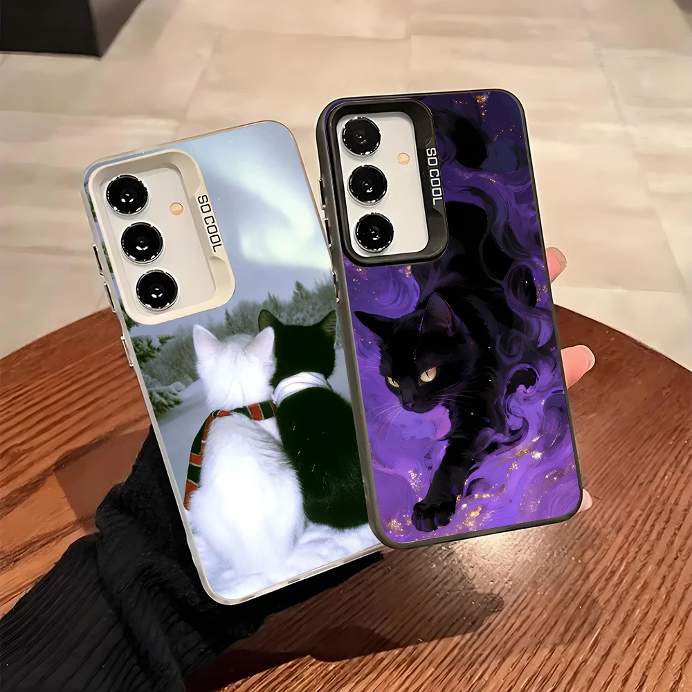 Cartoon Black White Cat Colorful Soft Edge Hard Shell Phone Case for Samsung Galaxy A13 A14 A23 A02S A03 A05 A05S A52 A54 5G Bag