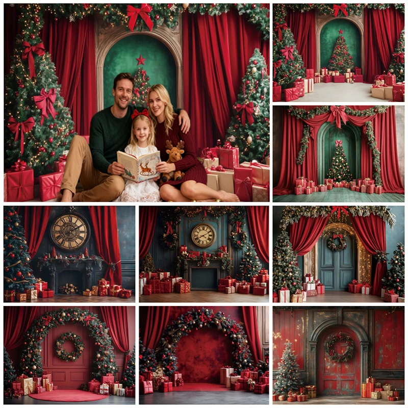 Vintage Christmas Decoration Photography Backgrounds Xmas Tree Wreath Gift Clock Festivial Family Party Portrait Photo Backdrops