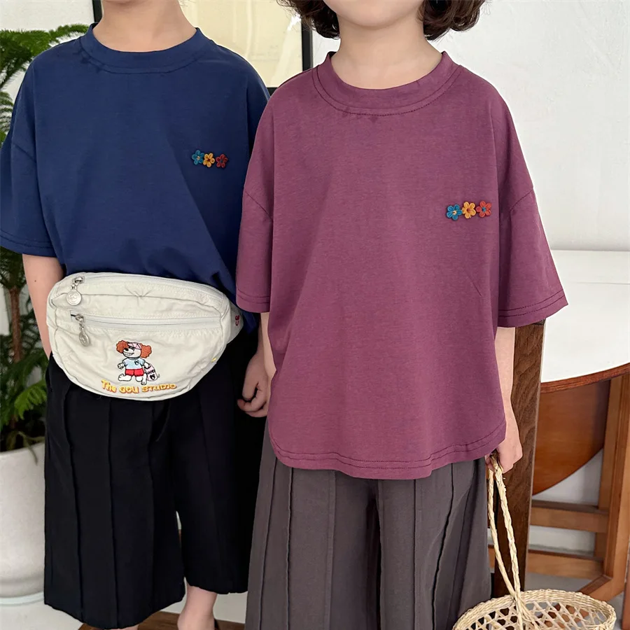 

Children's 2025 Summer New Children's Clean Color Short Sleeve T-shirt for Boys and Girls Stylish Loose Half Sleeve Top