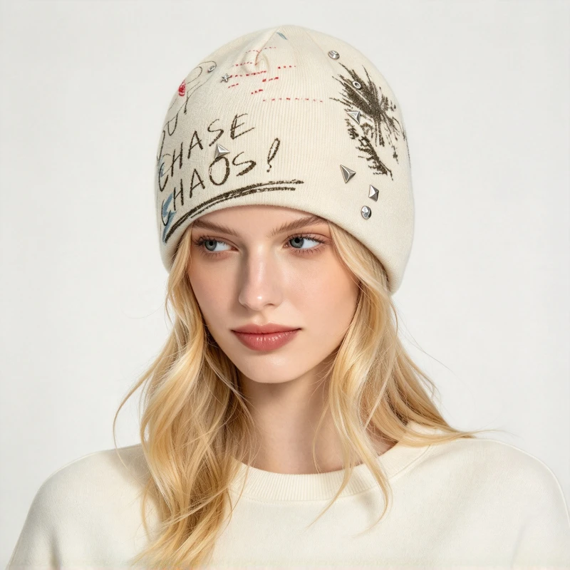 Retro Letter Print 5.4% Sheep's Wool Knitted Beanies Hats for Women Autumn Winter Street Warm Personality Pullover Gorras Hombre