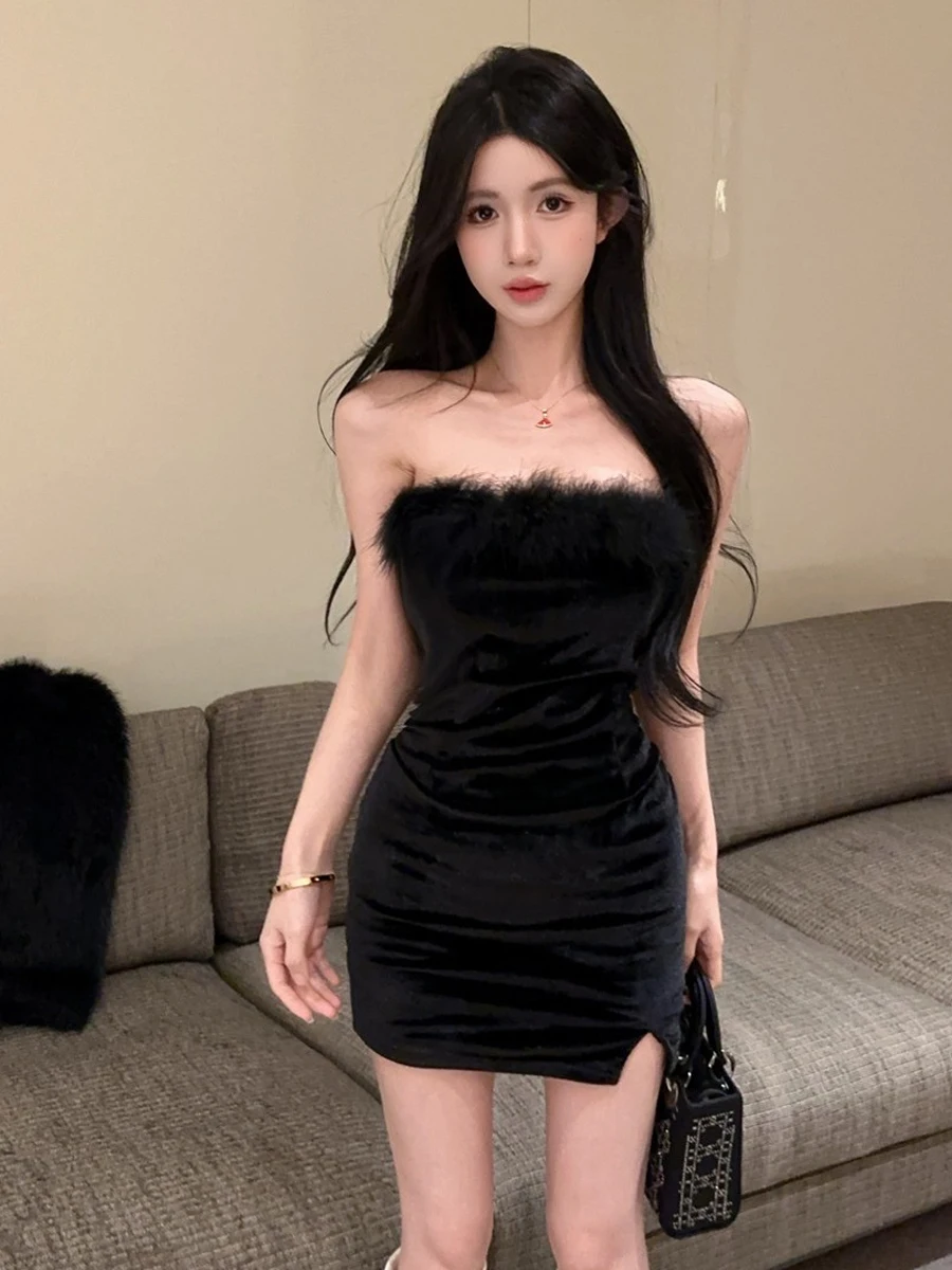 

Сексуальное бархатное платье с запахом и воротником из страусиных перьев для женщин в ночном клубе, элитное облегающее платье с открытыми плечами