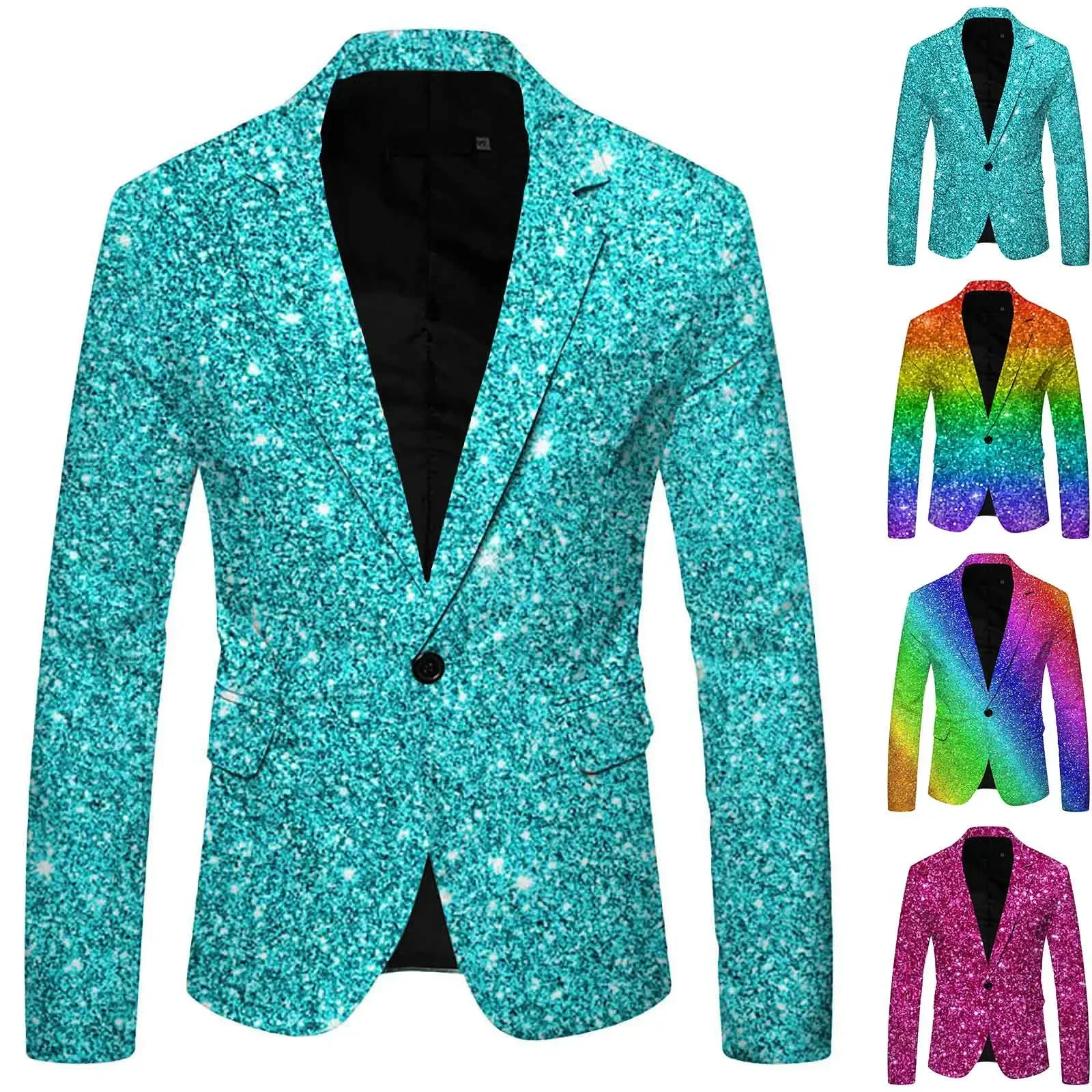 Shiny Sequin Suit Jacket Men\'S Stage Performance Coat Blue Red Purple Blazers V-Neck Nightclub Tuxedo