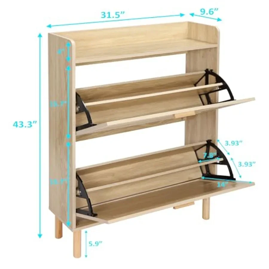 Entryway shoe cabinet with rattan flip drawers, free-standing 2-tier slim organizer, large top board, 3-gear adjustable width d