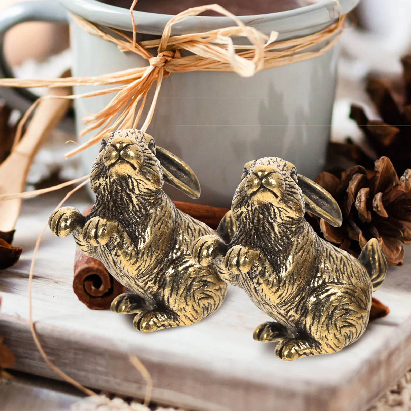 

2Pcs Brass Rabbit Sculpture Retro Style Car Office Decoration Small Bunny Ornament Exquisite Brass Craft