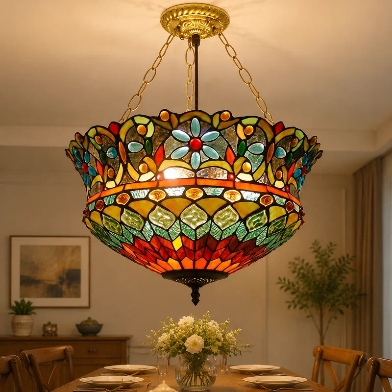 Vintage Stained Glass Floral Pendant Fixture Art Deco Style Multi Color Shade Dining Room Kitchen Island Hanging Pendant Lamp