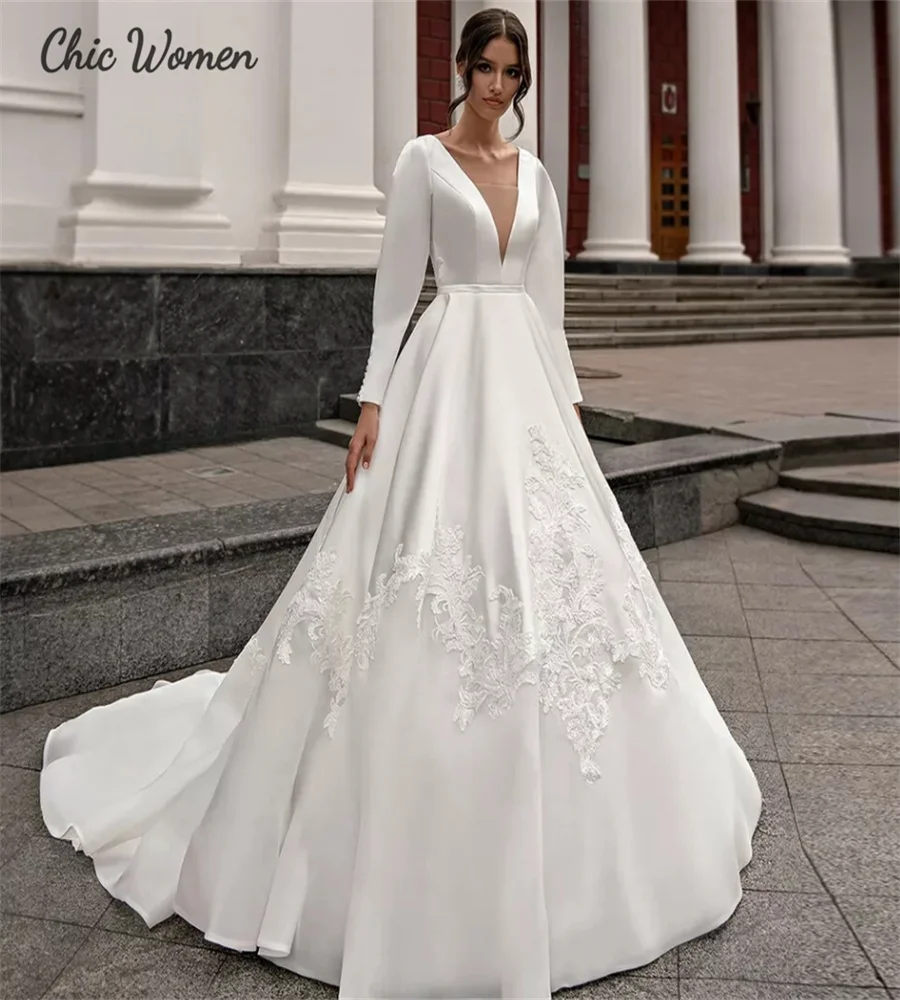 Gorgeous Garden Country Wedding Dress Elegant A Line Satin Long Sleeve Bridal Gowns Lace Roman Western Boho Bride Customized