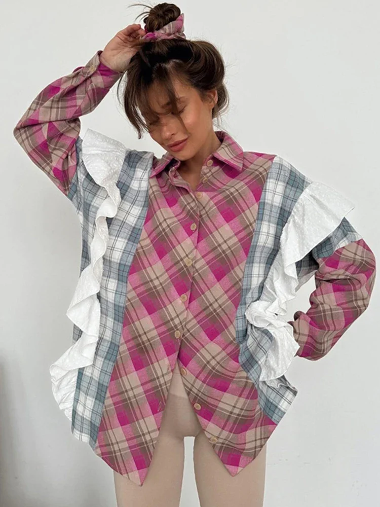 

Fmxires Aynaray Women Autumn Winter 2025 New Vintage Pink Ruffles Plaid Shirt Oversized Long Sleeve Loose Fit Blouse Female