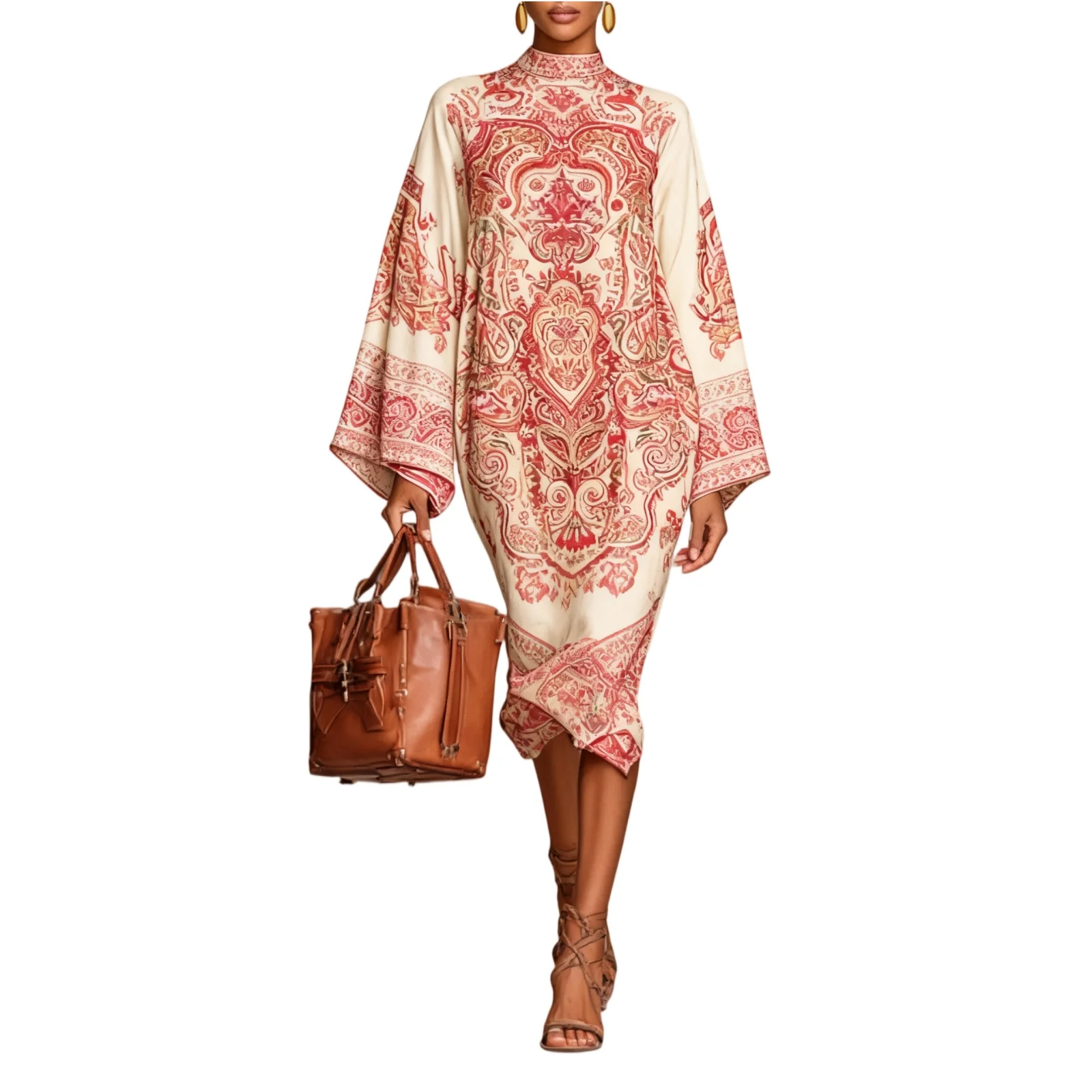 เดรสยาวทรงหลวมสำหรับฤดูใบไม้ผลิและฤดูร้อน แขนยาว พิมพ์ลาย คอกลม สไตล์โบฮีเมียน เหมาะสำหรับงานปาร์ตี้ริมชายหาด แฟชั่นเดรสยาวสำหรับผู้หญิง