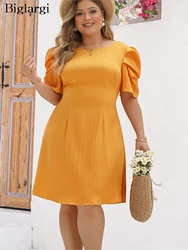 Plus Size Spring Summer Midi Puff Sleeve Dress Women Loose Ruffle Pleated Fashion Korean Style Ladies Dresses Office Woman Dress